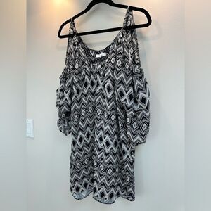 Parker Black Chevron Silk Mini Cold Shoulder bell sleeve Dress M